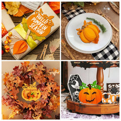 Collage of Halloween and autumn-themed decorations including a pumpkin-themed card, a table setting with pumpkins, a wreath, and a decorative stand with pumpkins.