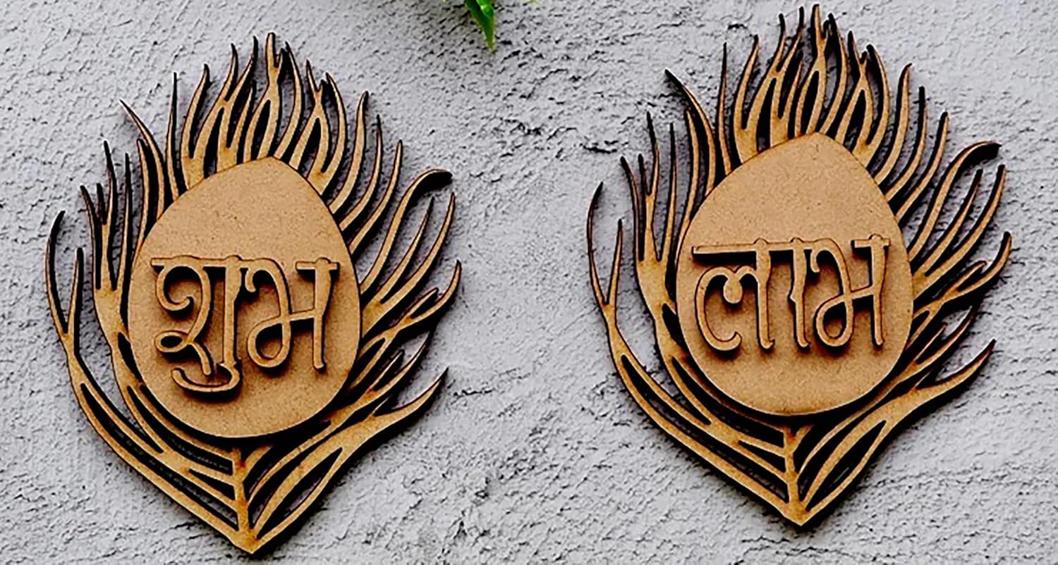 Two wooden signs with decorative designs and text on a light gray background