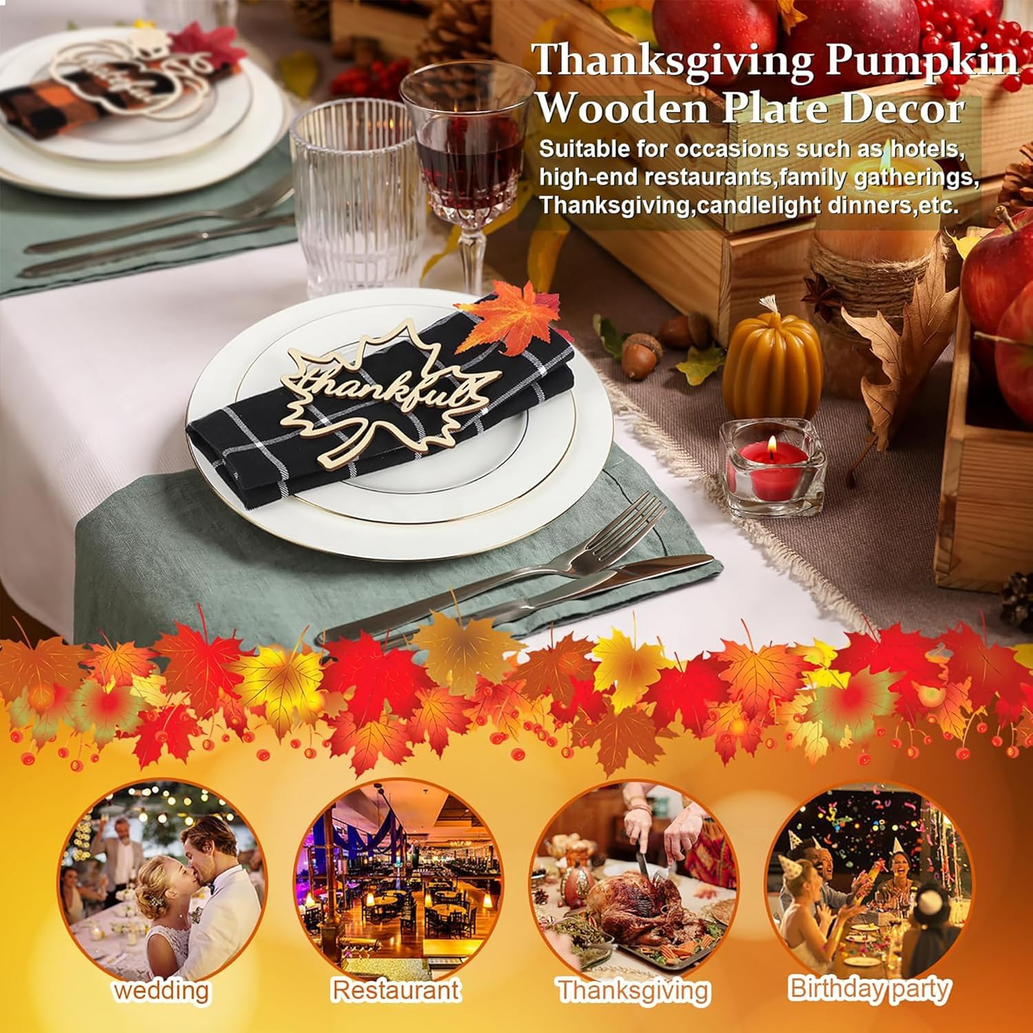 Thanksgiving-themed wooden plate decor with place setting on a table, suitable for various occasions.
