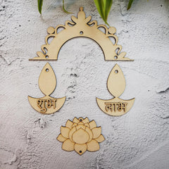 Decorative wooden items including an arch, leaf-shaped pieces with text, and a lotus flower on a textured white surface.