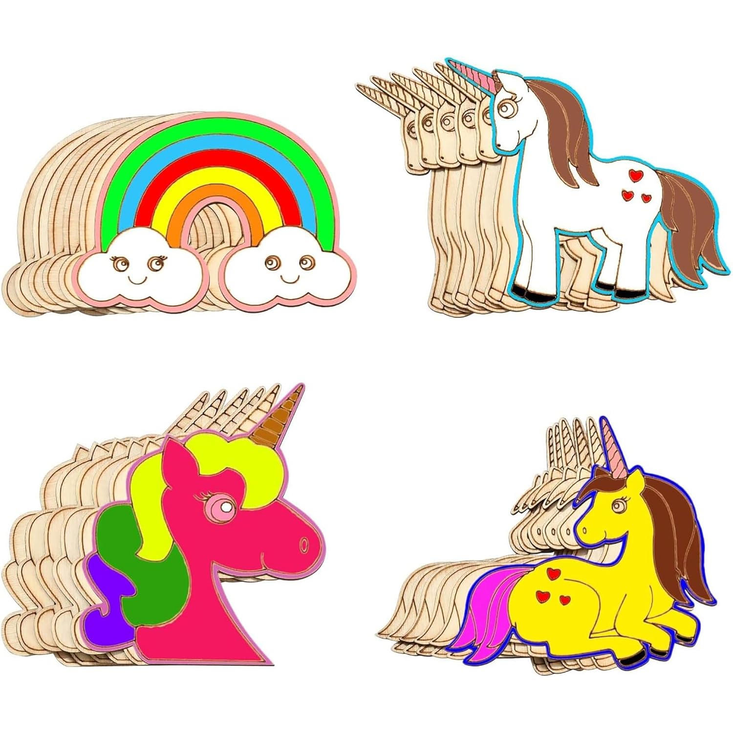 Set of wooden unicorn and rainbow toys on a white background