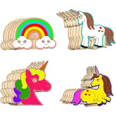 Set of wooden unicorn and rainbow toys on a white background