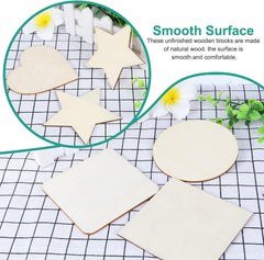 Unfinished wooden blocks in various shapes on a checkered surface with text about smooth surface.