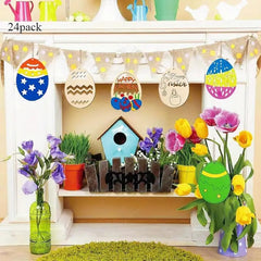Paintable wooden Easter egg shapes with pre-attached jute