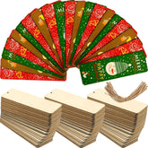 Set of Christmas-themed gift tags and wooden tags on a white background