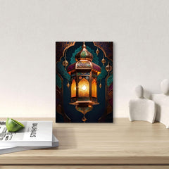 Decorative wall art of a lantern on a wooden surface with a white wall background