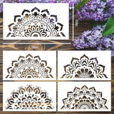 Set of decorative stencils with floral patterns on a wooden surface with purple flowers.