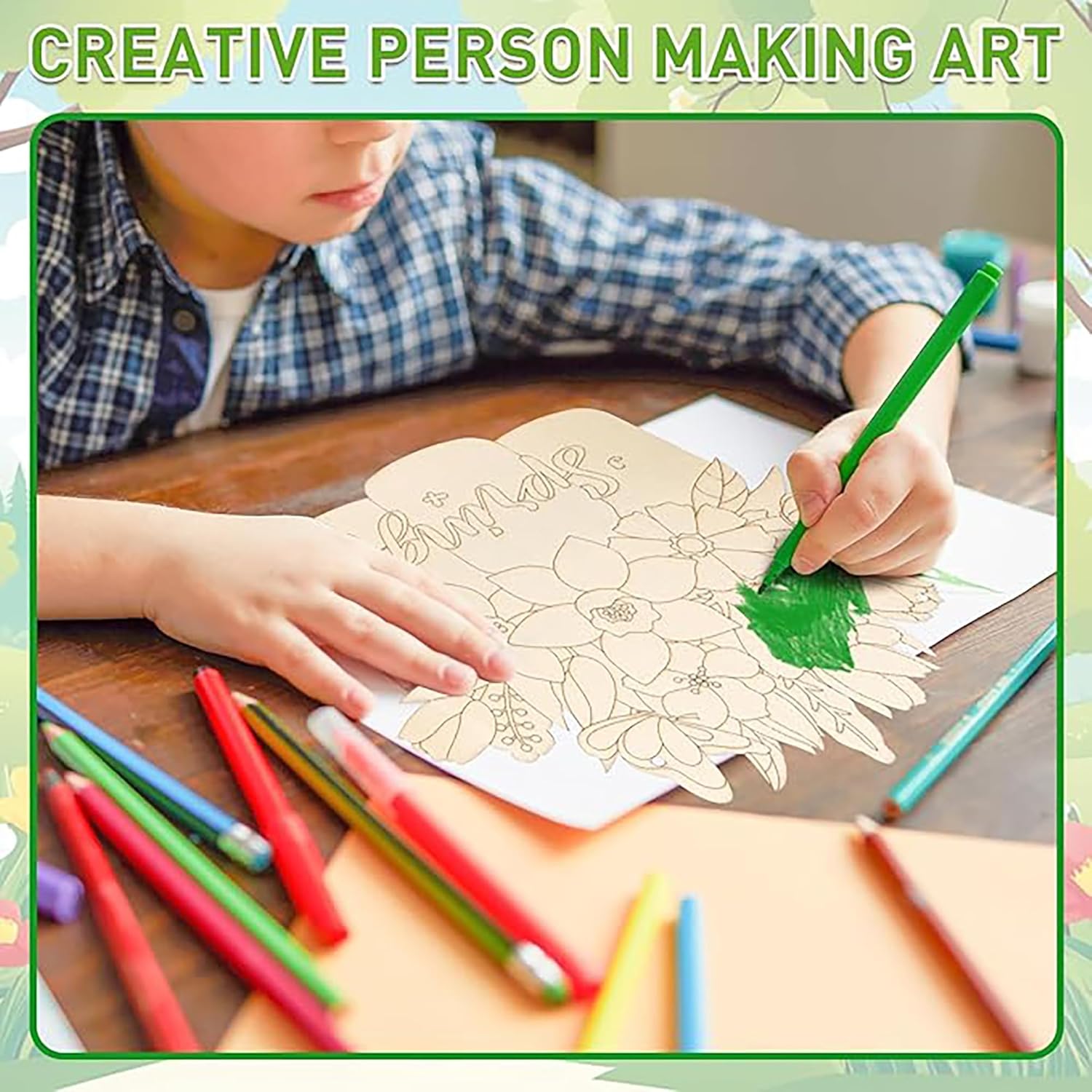 Child coloring a flower design with markers on a table surrounded by art supplies.