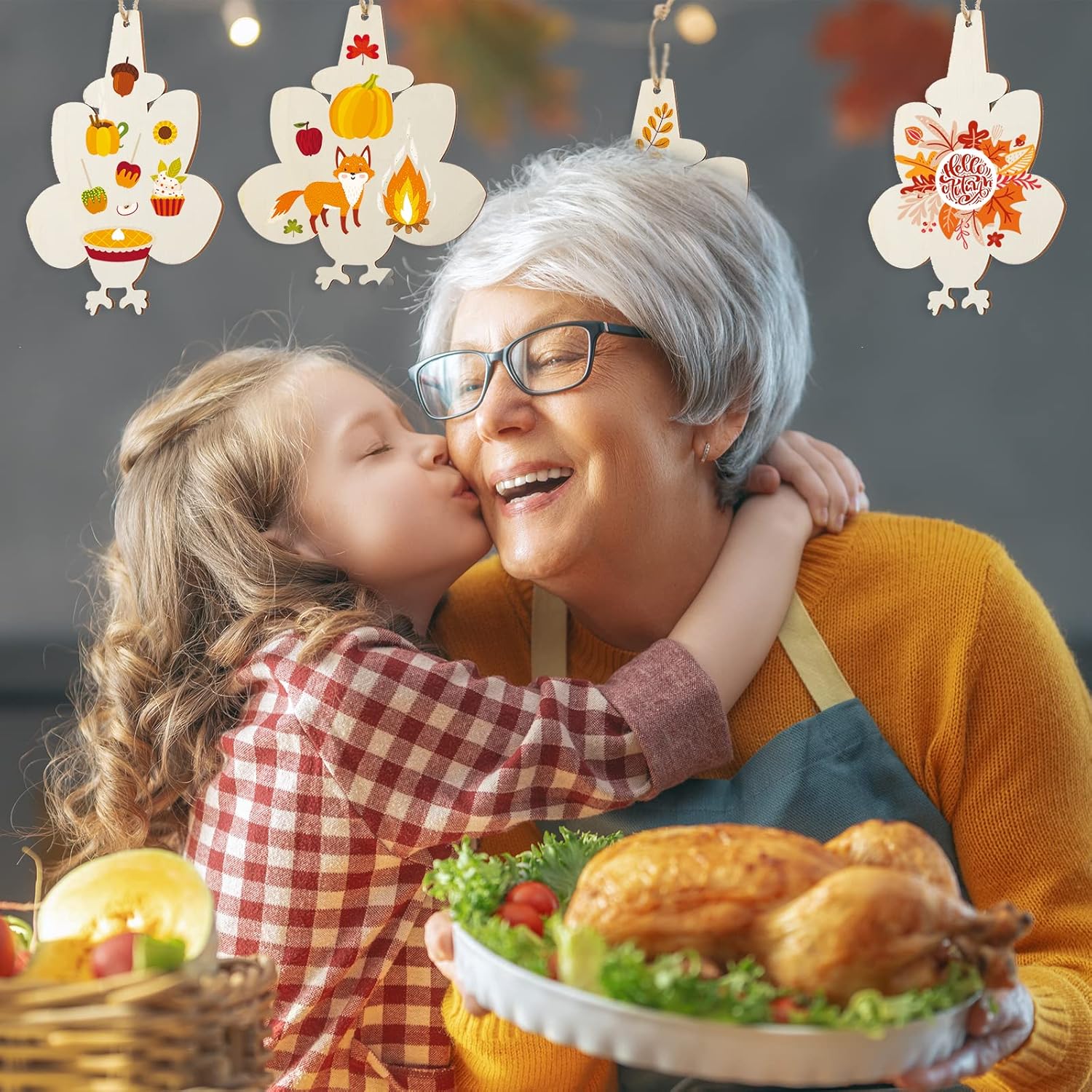Woman in an apron holding a plate of food with a child kissing her on the cheek, surrounded by decorative elements.