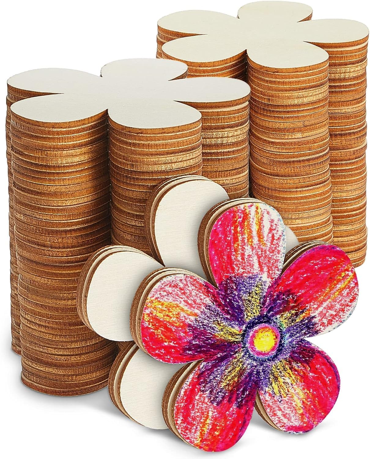 Stacks of wooden flower shapes with a colorful flower made from them on a white background