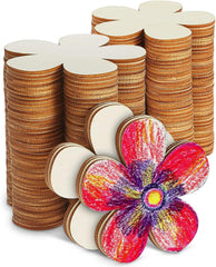 Stacks of wooden flower shapes with a colorful flower made from them on a white background
