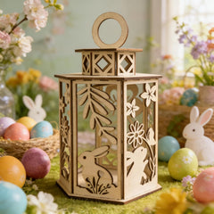 farmhouse Easter lantern decor with bunny flower cutouts wooden