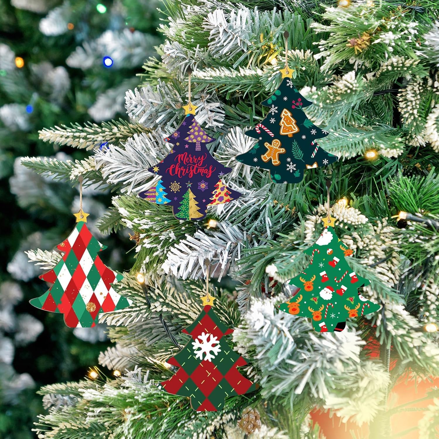 Colorful Christmas tree-shaped ornaments on a decorated Christmas tree.