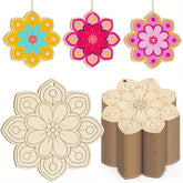 Colorful flower-shaped wooden cutouts with a stack of plain ones on a white background