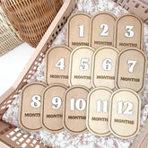 Wooden baby milestone markers with numbers 1 to 12 months on a floral background.