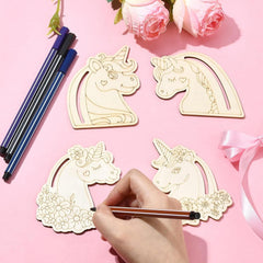 Cliths Pack of 20 Wooden Unicorn Head Cutouts Magical Craft Shapes DIY Graffiti Flower & Heart Decor Painting Blanks