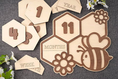Wooden baby milestone cards with numbers and animal designs on a textured surface.
