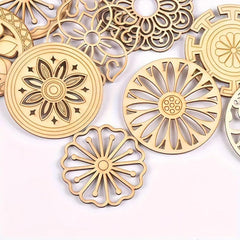 Gold decorative circular pieces with intricate patterns on a white background