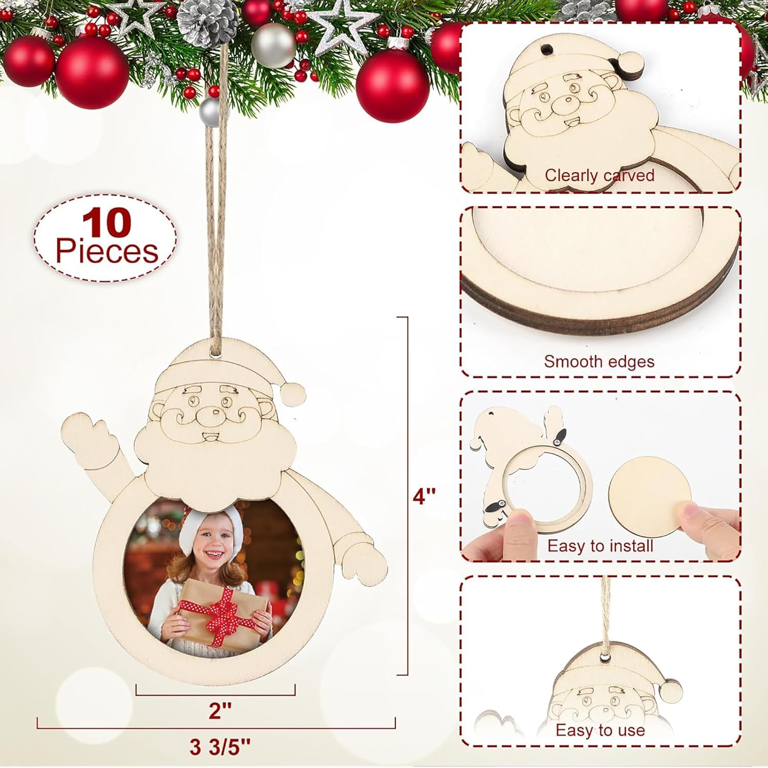 Wooden Santa Claus photo frame ornament with Christmas decorations and product details.
