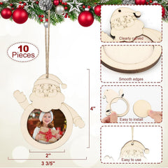 Wooden Santa Claus photo frame ornament with Christmas decorations and product details.