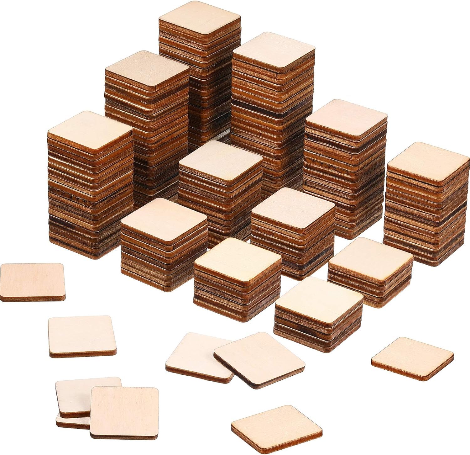 Stacks of square wooden pieces on a white background
