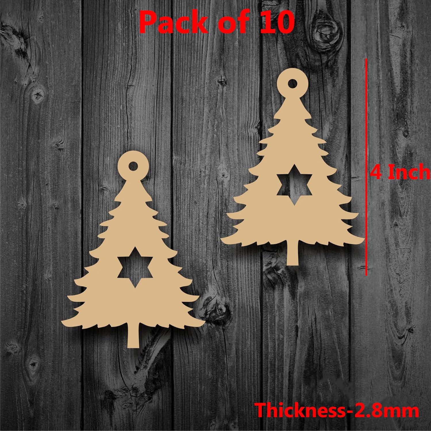 Two beige Christmas tree-shaped decorations on a wooden background with text indicating 'Pack of 10', '4 Inch', and 'Thickness-2.8mm'.