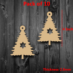 Two beige Christmas tree-shaped decorations on a wooden background with text indicating 'Pack of 10', '4 Inch', and 'Thickness-2.8mm'.