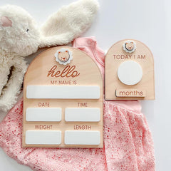 Wooden baby milestone cards with pink baby outfit and plush toy on a white background