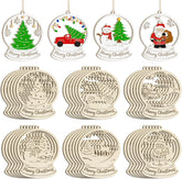 Set of Christmas-themed wooden ornaments with various designs on a white background.