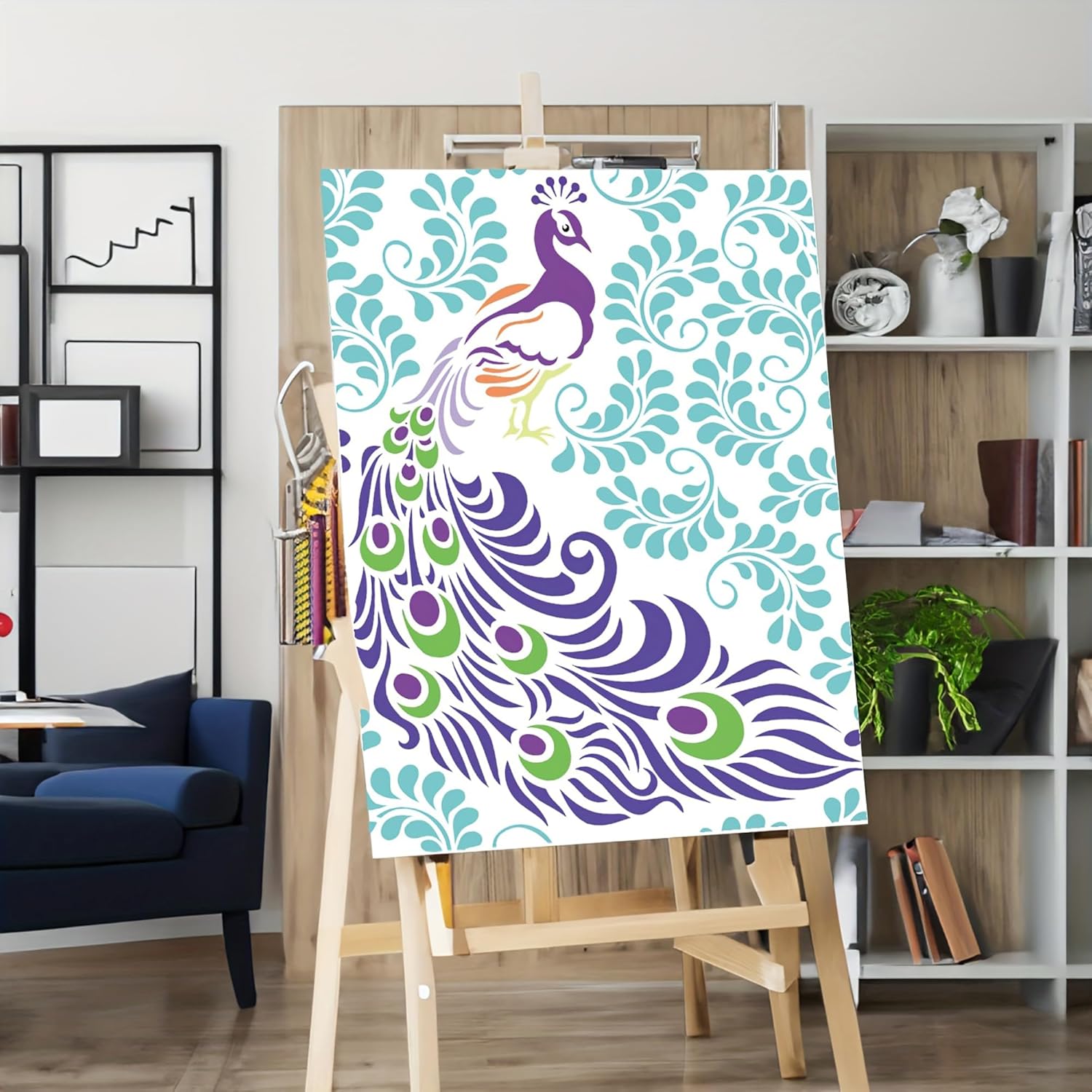 Colorful peacock design on a canvas displayed on an easel in a room with shelves and decor.