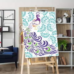 Colorful peacock design on a canvas displayed on an easel in a room with shelves and decor.