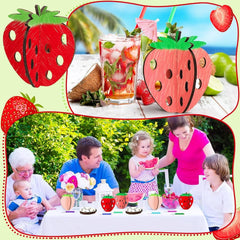 Collage of strawberry-themed items including a drink, decor, and family at a table.