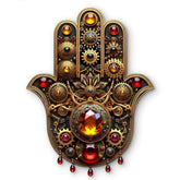 Decorative Hamsa hand with gold and gemstone details on a white background
