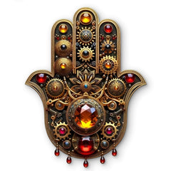 Decorative Hamsa hand with gold and gemstone details on a white background