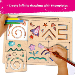 Wooden drawing board with templates and colored pencils, featuring text 'Create infinite drawings with 6 templates'.
