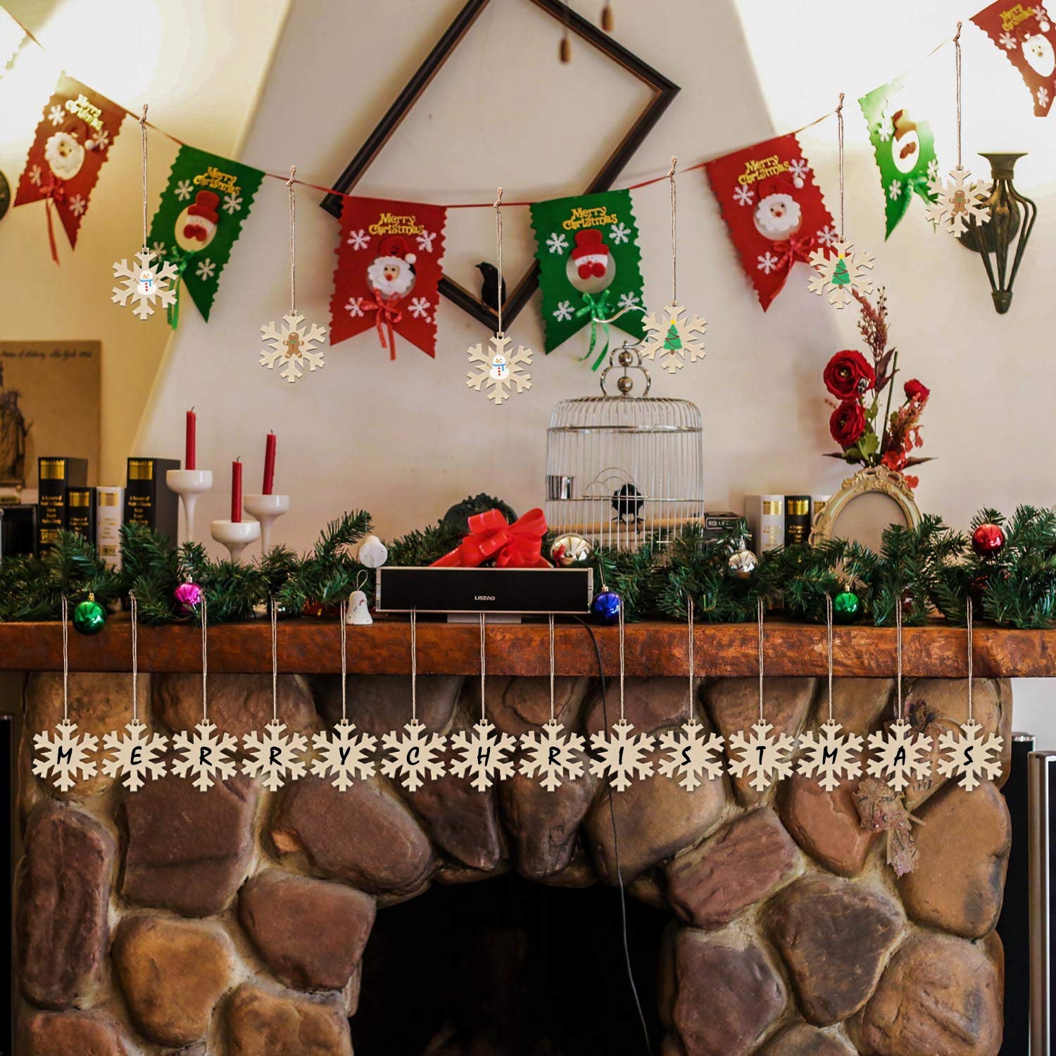 Decorated fireplace with Christmas stockings, garlands, and festive flags.