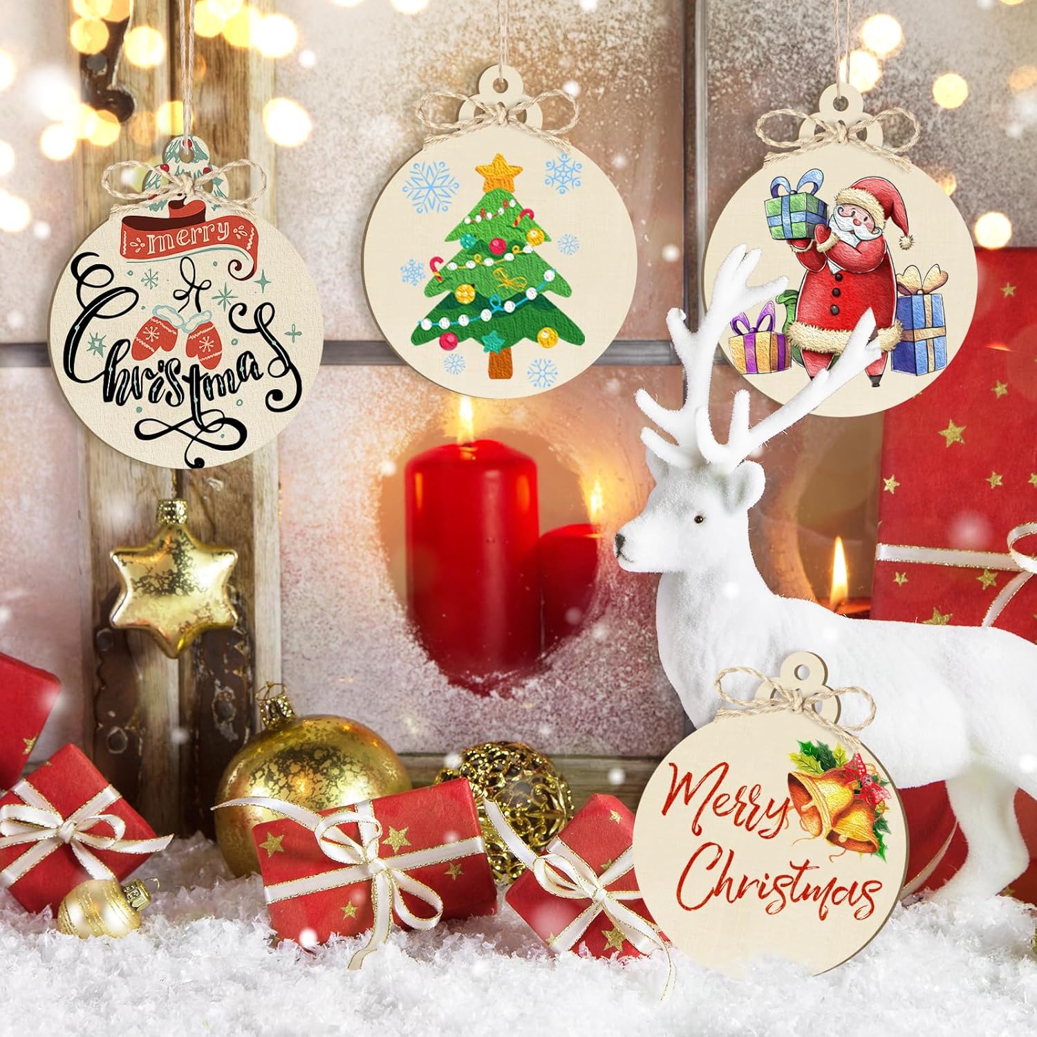 Decorative Christmas ornaments with festive designs on a snowy background.