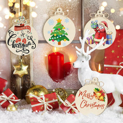 Decorative Christmas ornaments with festive designs on a snowy background.