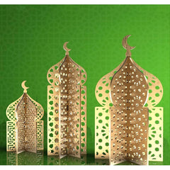 Decorative wooden arches with intricate cut-out patterns on a green background