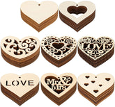 Set of wooden heart-shaped decorations with various designs and text on a white background