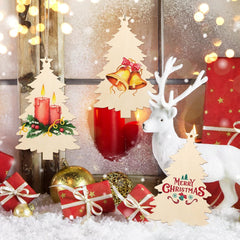 Christmas-themed window decorations with trees, deer, and presents on a snowy background.