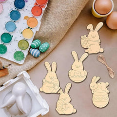 Cliths 24 Pcs Easter Bunny Egg Wooden Cutouts DIY Paintable Hanging Twine for Easter Tree & Home Decor