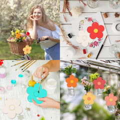 American Elm 50 Pcs Wood Flower Cutouts Bulk Pack Boho Flower Shapes with Holes, Hemp Rope Included, DIY Hanging