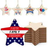 Star-shaped wooden decorations for Independence Day with 'Faith Family Freedom' message.
