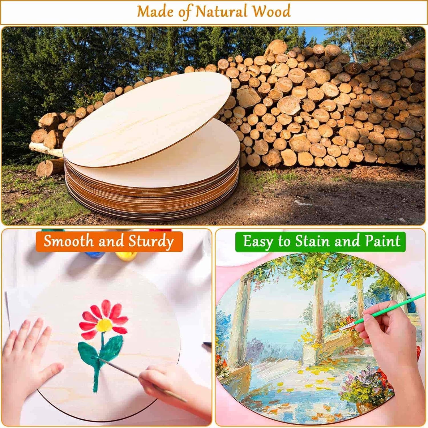 Wooden art boards with a stack of logs in the background, showing their use for painting.