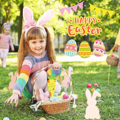 Child with Easter bunny ears holding a basket of Easter eggs in a park setting with 'Happy Easter' text and decorative elements.