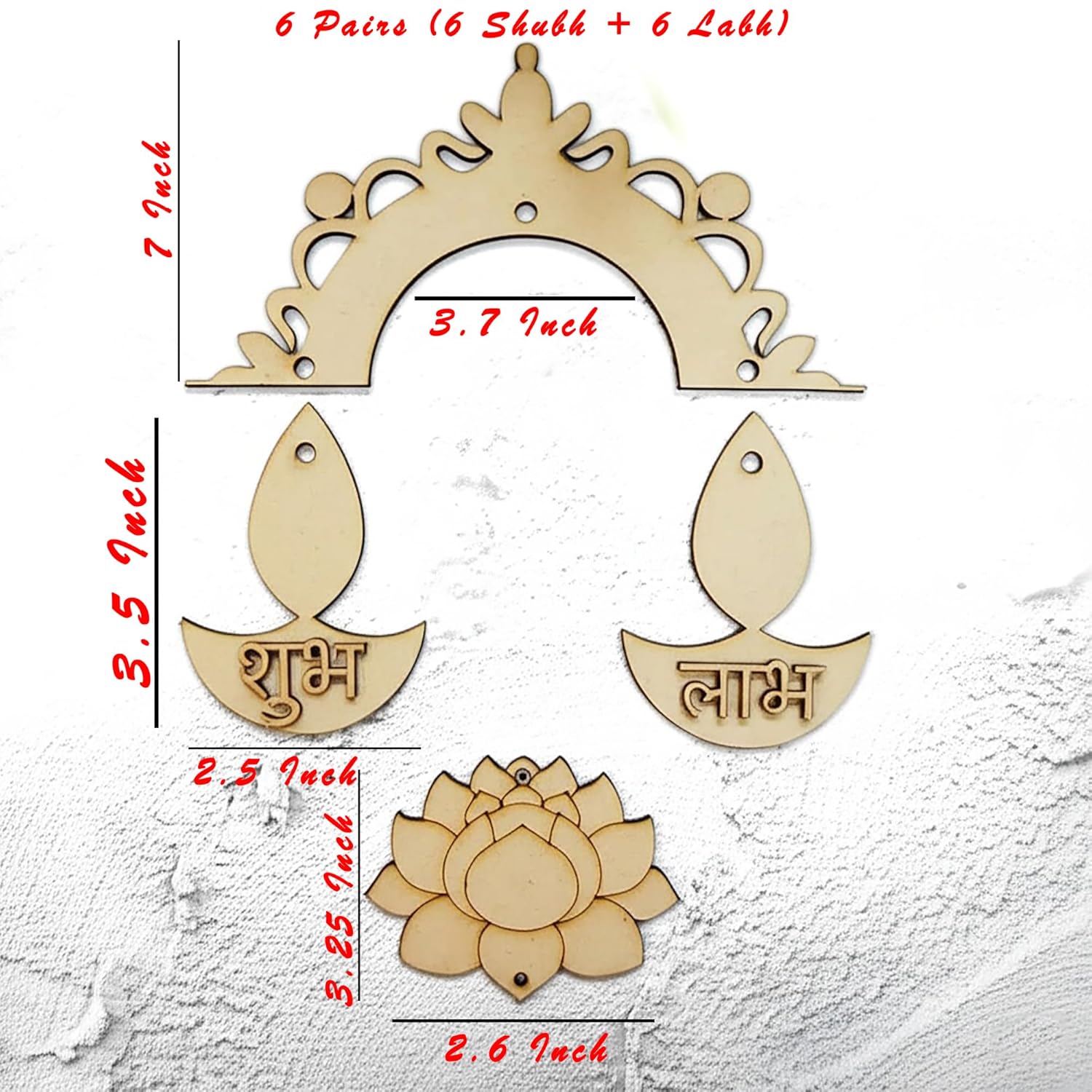 Set of wooden decorations with measurements on a white background