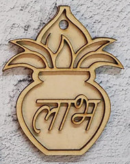 Decorative wooden item with a pot and 'Laxmi' script on a textured wall background