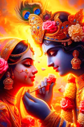 Two deities with elaborate costumes and jewelry holding a rose against a vibrant background