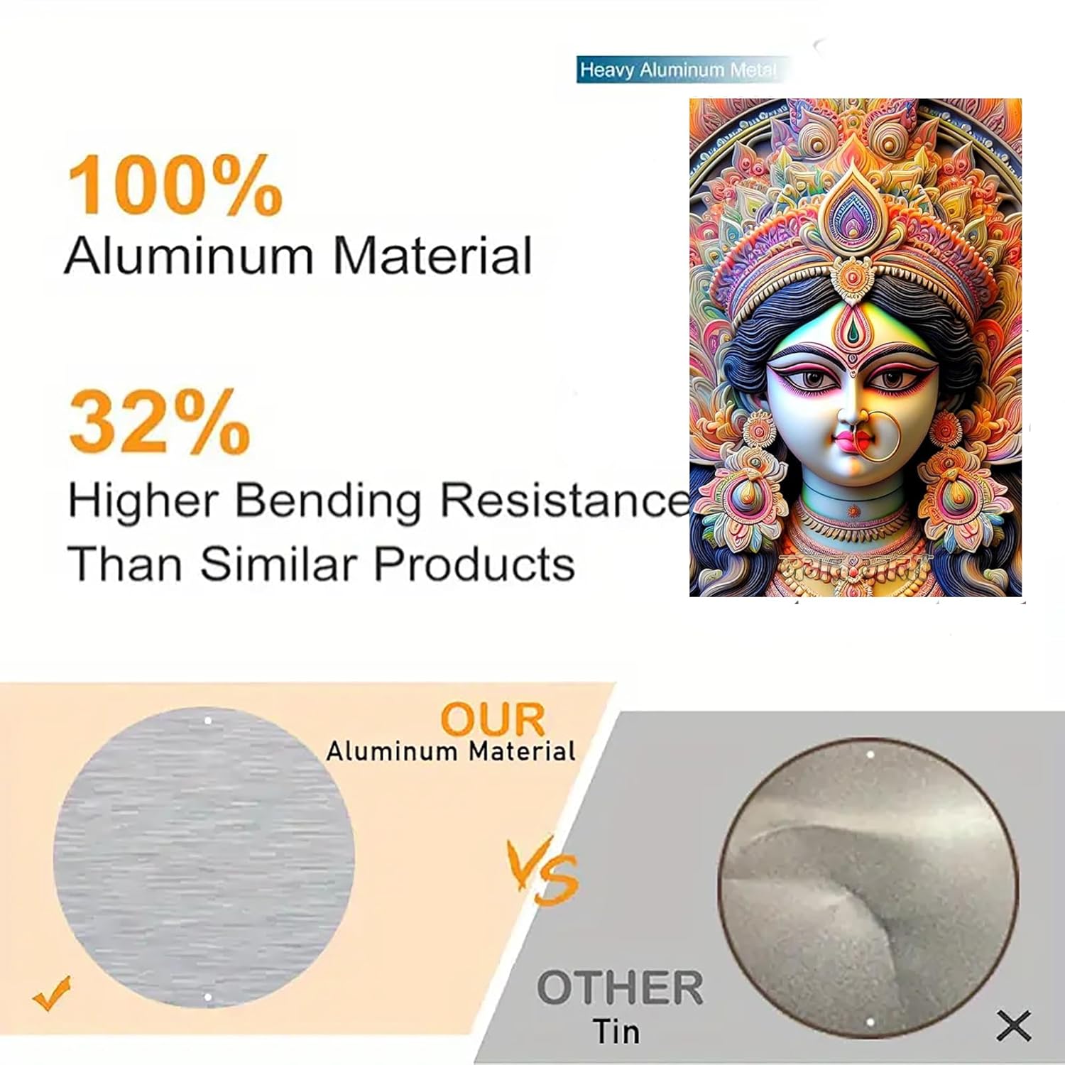 Advertisement showcasing aluminum material with text and images of a colorful deity figure.